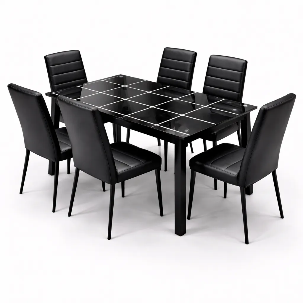 Ensemble Salle à Manger Moderne des Places – Table Verre Noir Design Quadrillé avec Chaises Similicuir