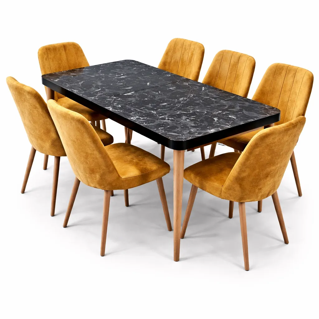 Table à Manger extensible Design en bois Marbré – Table Rectangulaire avec Chaises Velours Orange