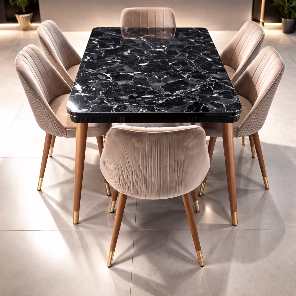 Ensemble Salle à Manger Extensible – Table en bois Effet Marbre Noir avec Chaises Velours Beige