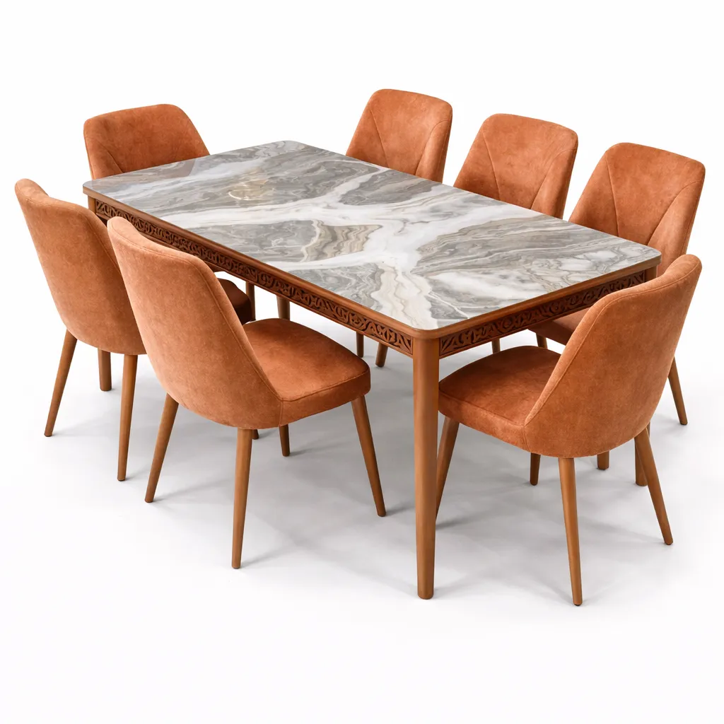 Table à Manger extensible  6 Places – Table Effet Marbre Beige avec Chaises Velours Terracotta