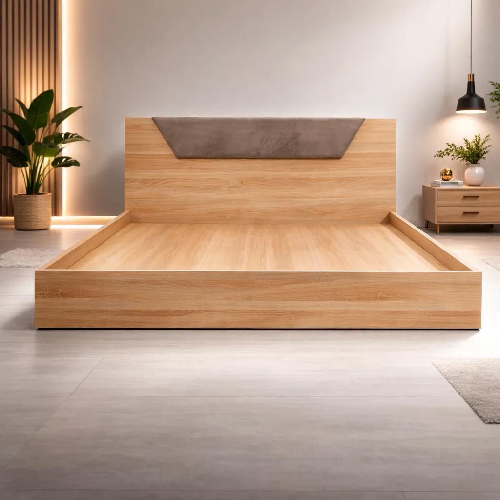 Lit moderne en bois clair avec tête capitonnée taupe – Design contemporain premium