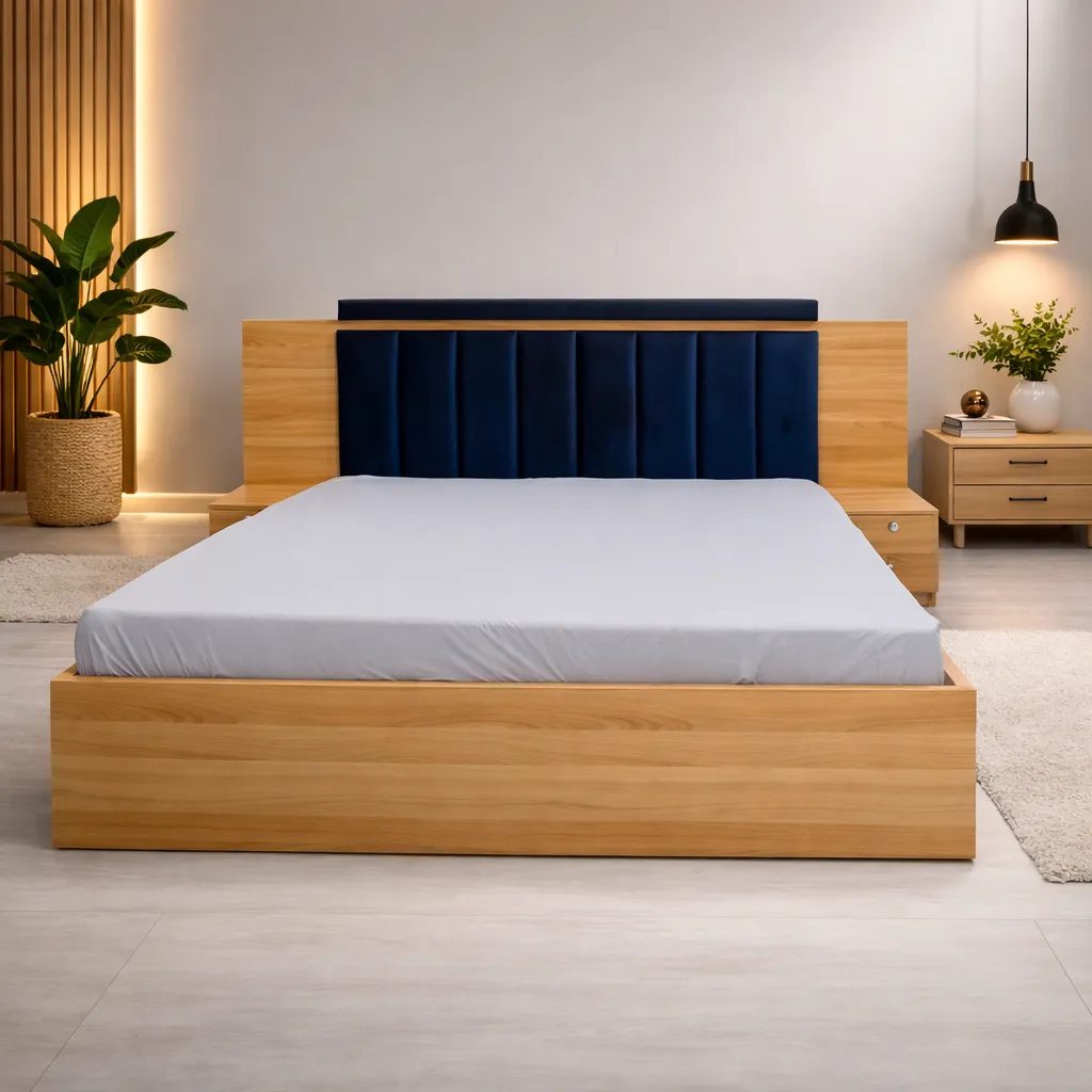Lit moderne en bois clair avec tête capitonnée bleu royal – Design contemporain haut de gamme