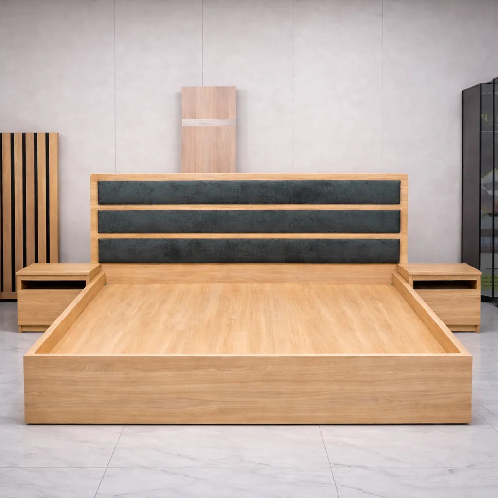 Lit moderne en bois clair avec tête capitonnée horizontale gris foncé – Design contemporain épuré