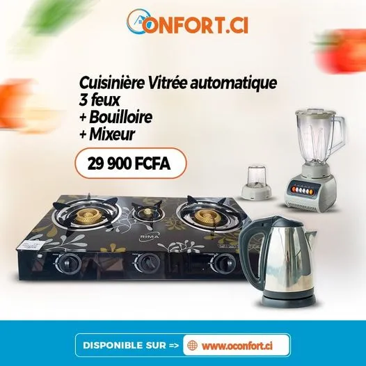 Cuisinière 3 feux + Mixeur + Bouilloire
