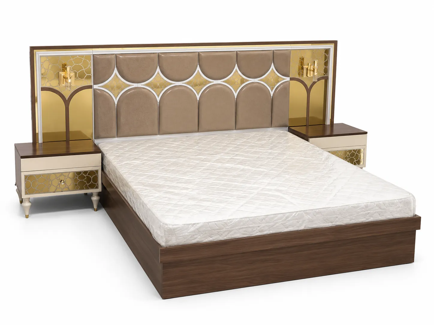 Lit Prestige Royal Gold & Bois avec Tables de Chevet