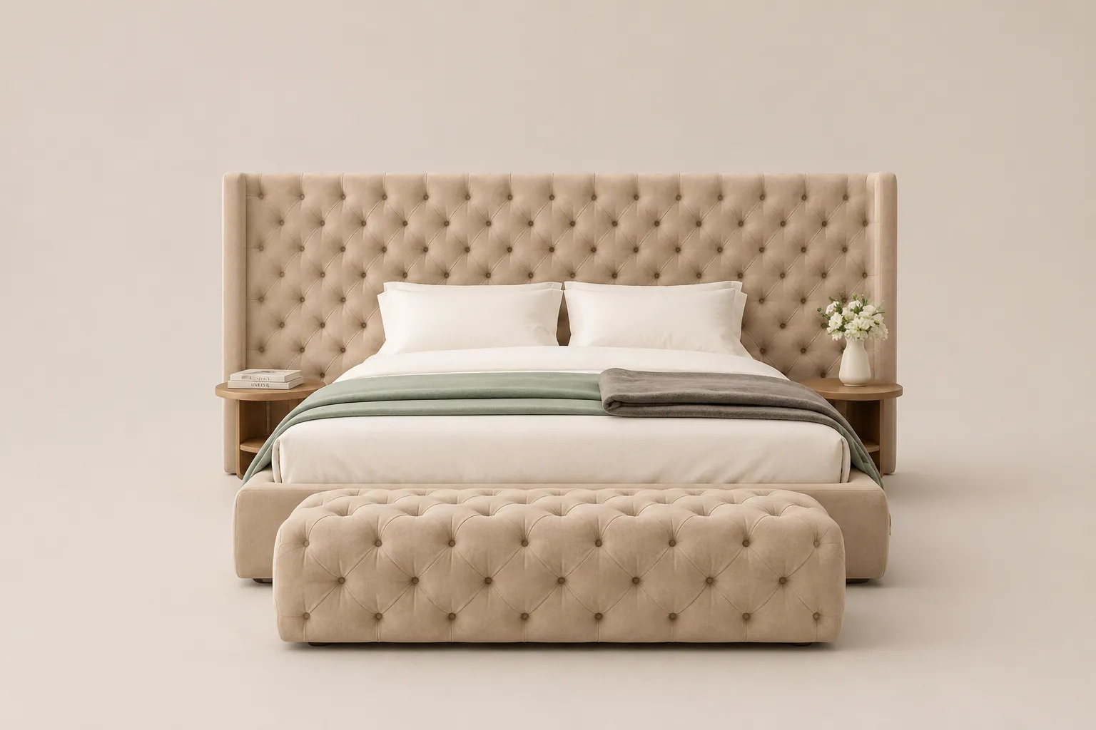 Lit Capitonné Prestige Beige avec Banquette