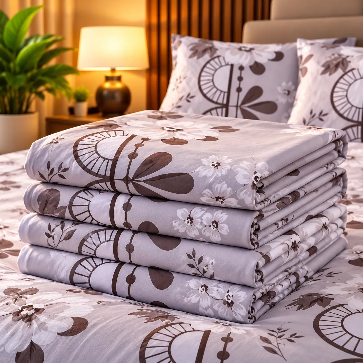 Ensemble Draps + Taies Floral Élégance – Gris & Marron