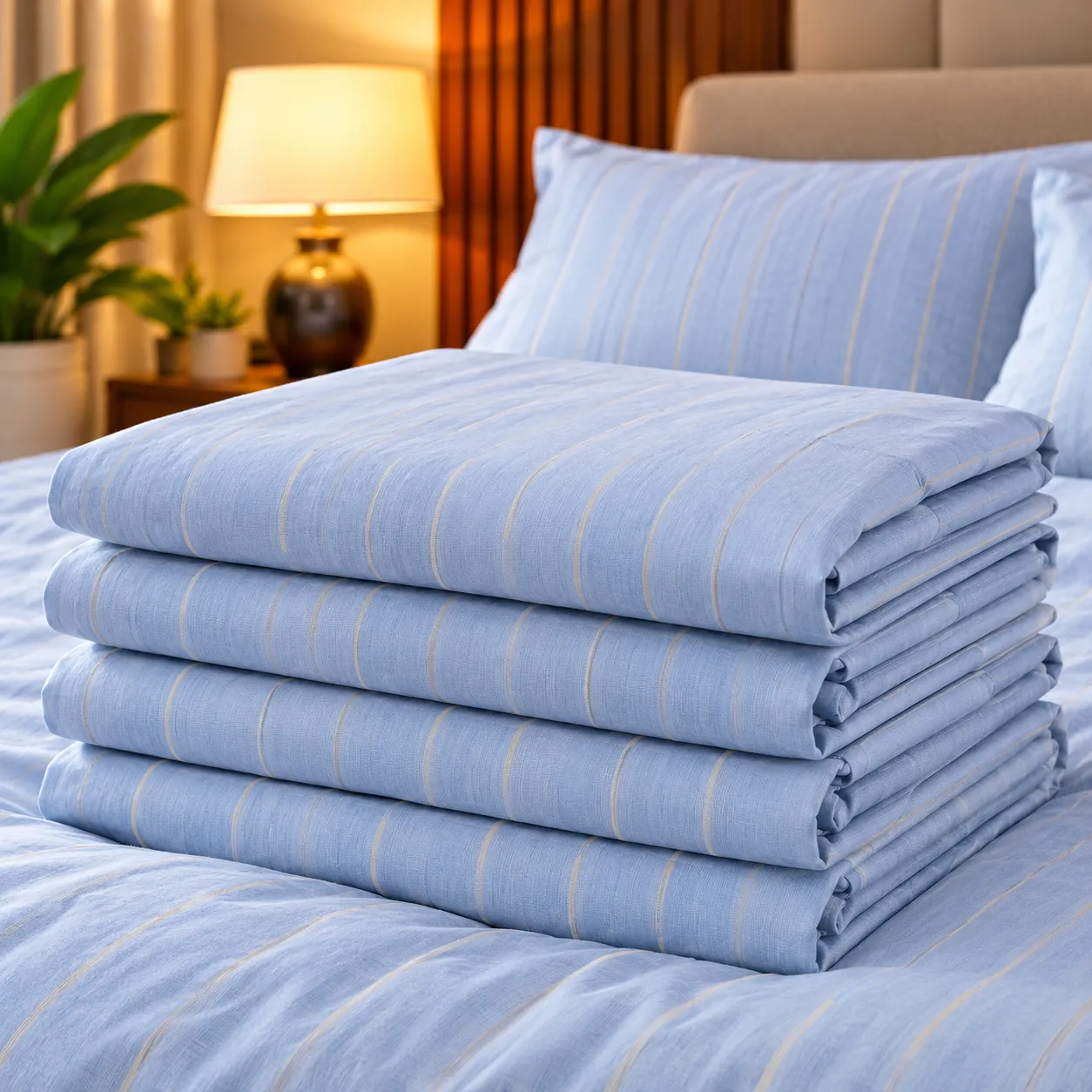 Ensemble Draps + Taies Bleu Ciel à Rayures – Élégance Premium