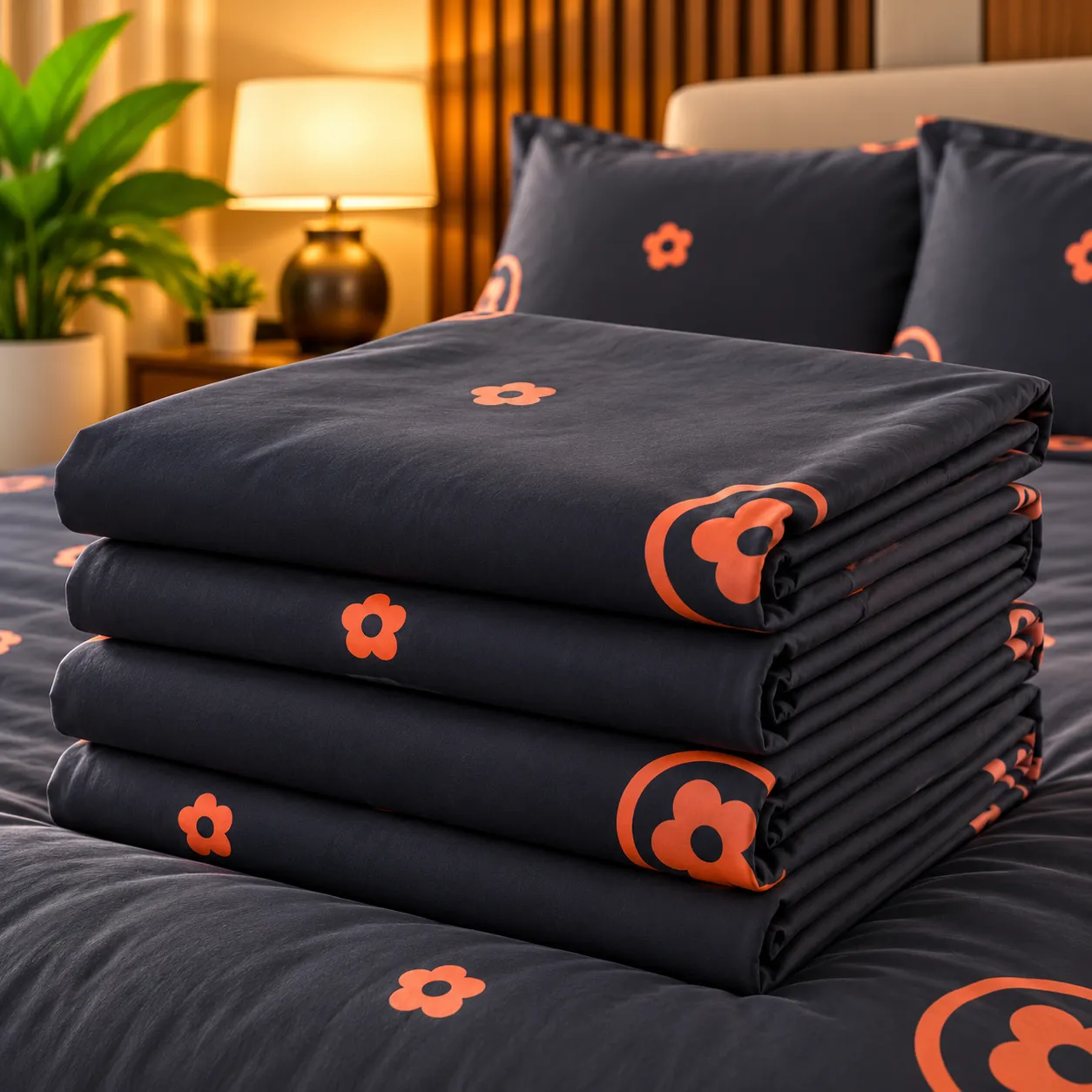 Ensemble Draps + Taies Noir & Orange Floral – Élégance Premium