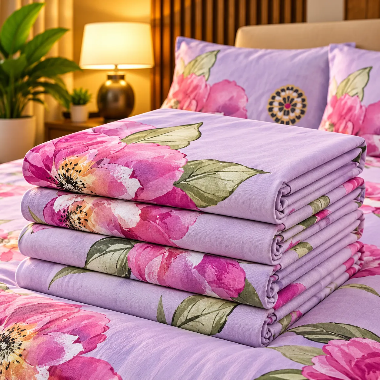 Ensemble Draps + Taies Floral Rose & Lilas – Élégance Premium