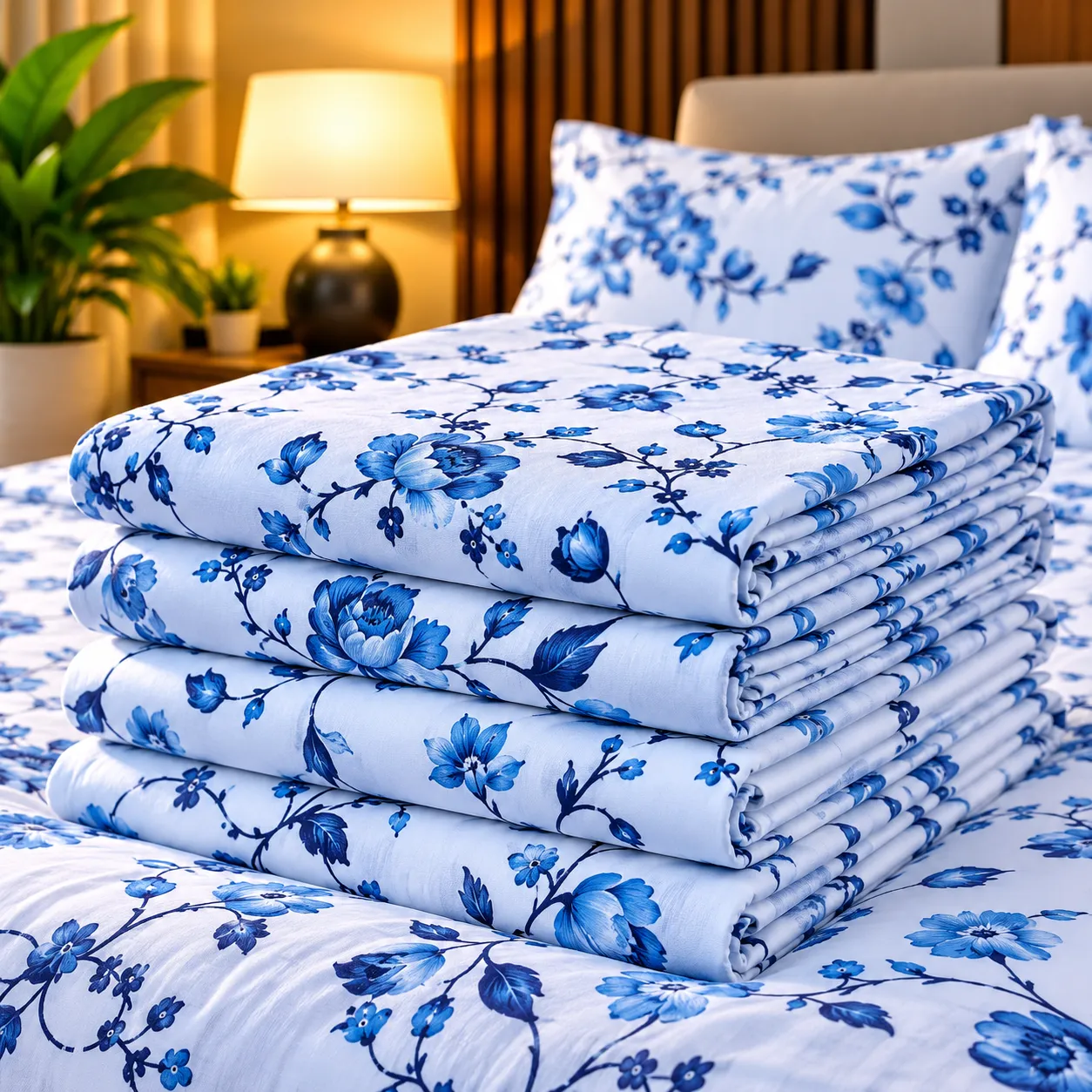 Ensemble Draps + Taies Floral Bleu Royal & Blanc – Élégance Premium