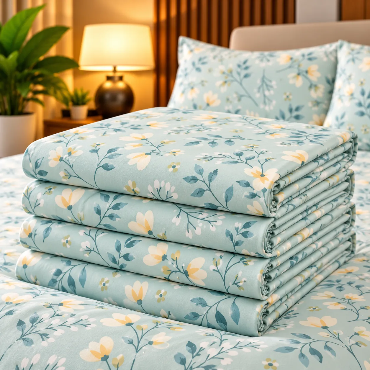 Ensemble Draps + Taies Floral Vert d'Eau – Douceur Premium