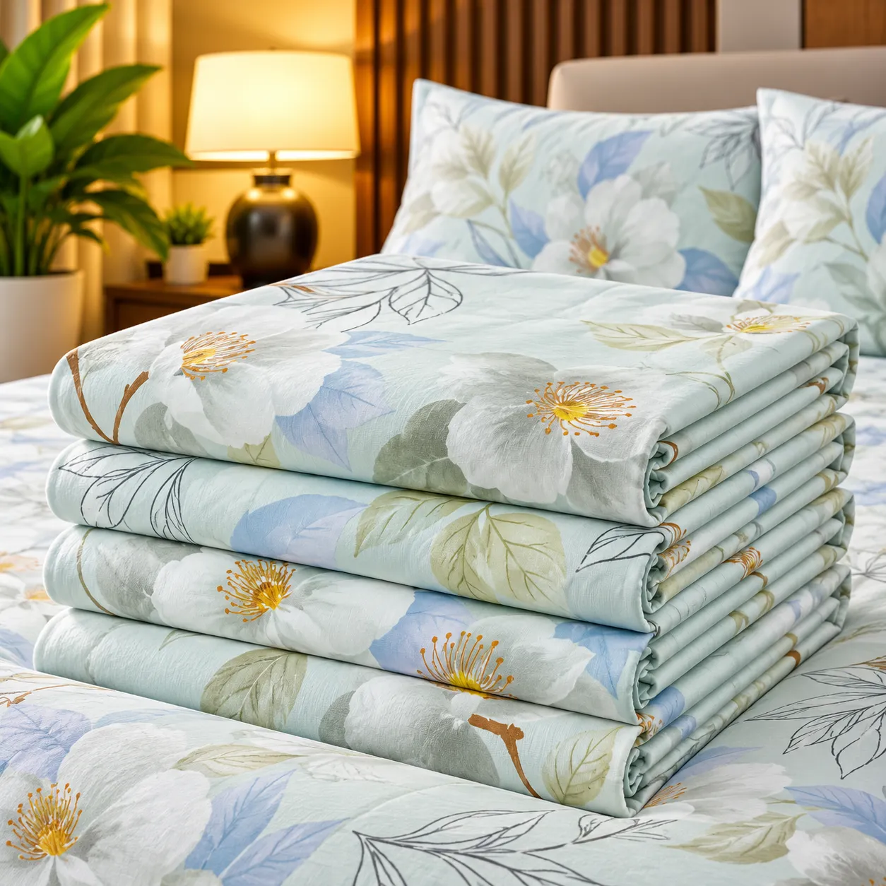Ensemble Draps + Taies Floral Bleu Pastel – Douceur Premium