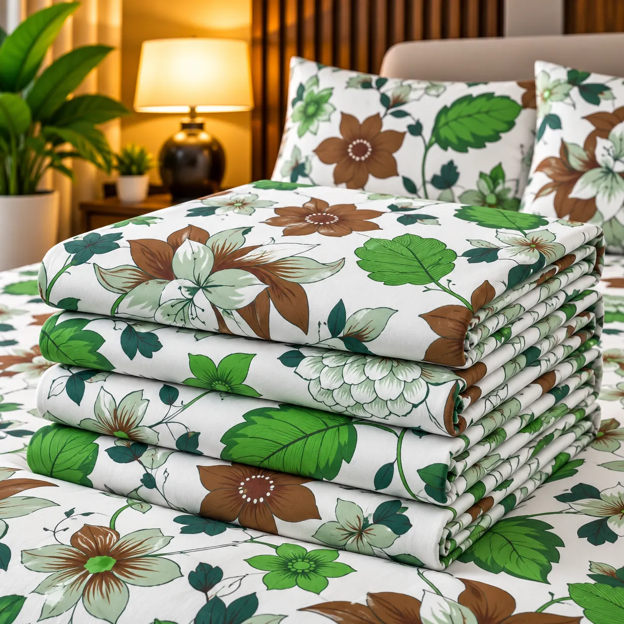 Ensemble Draps + Taies Floral Vert & Marron – Nature Premium