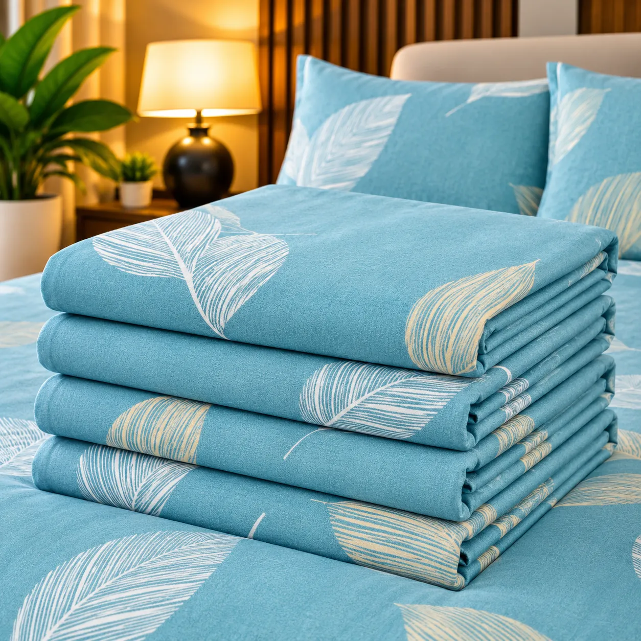 Ensemble Draps + Taies Bleu Azur à Motifs Plumes – Élégance Premium